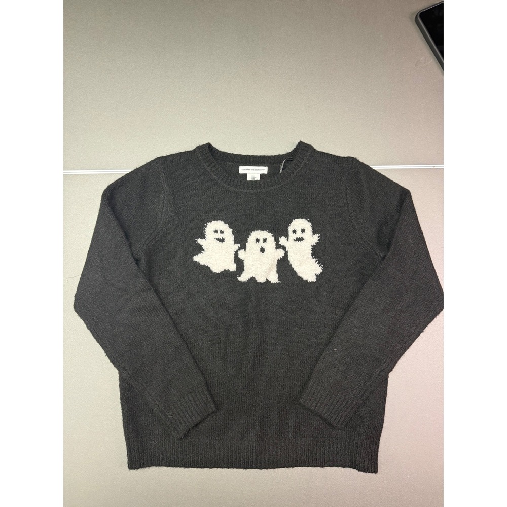 Cupcakes and Cashmere Ghost Halloween Sweater Black Crewneck Medium